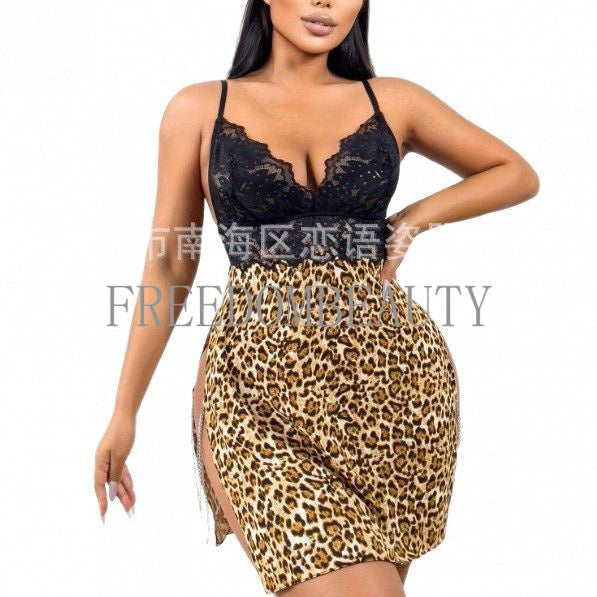 Freedombeauty | Sexy Lingerie Sexy Leopard Strap Lace Nightdress Split Nightclub Flirting Uniform Suit