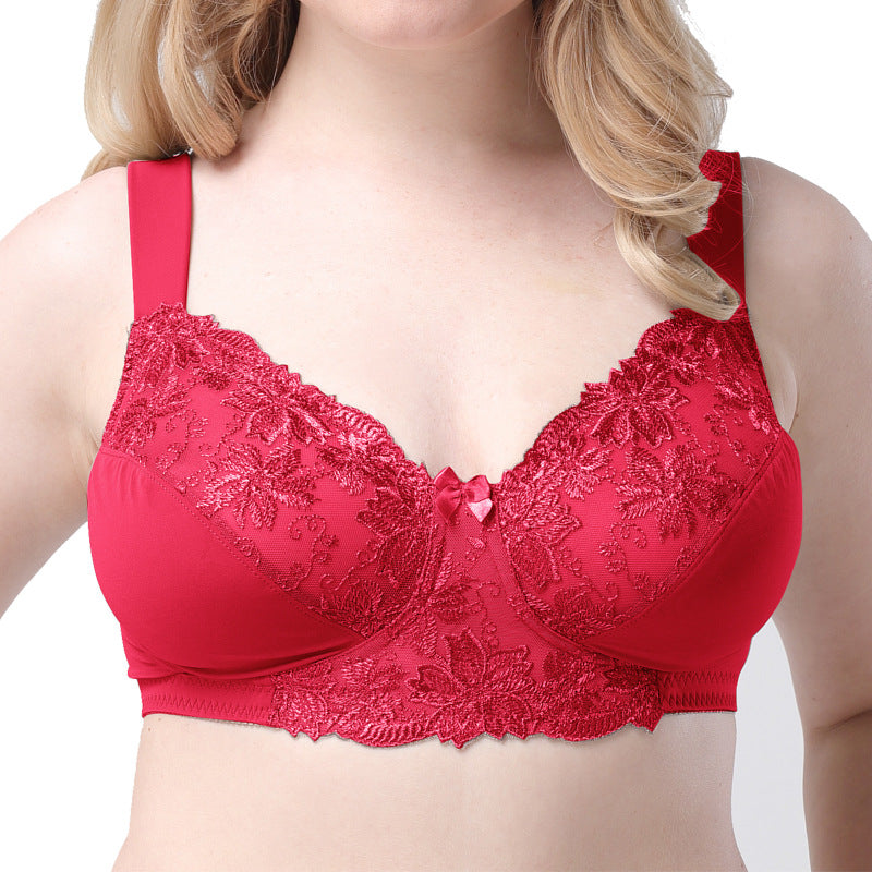Freedombeauty | Red Full Cup Wireless Ultra-Thin plus Size Bra Embroidered Lace Edge Translucent Sexy European and American Underwear Bra