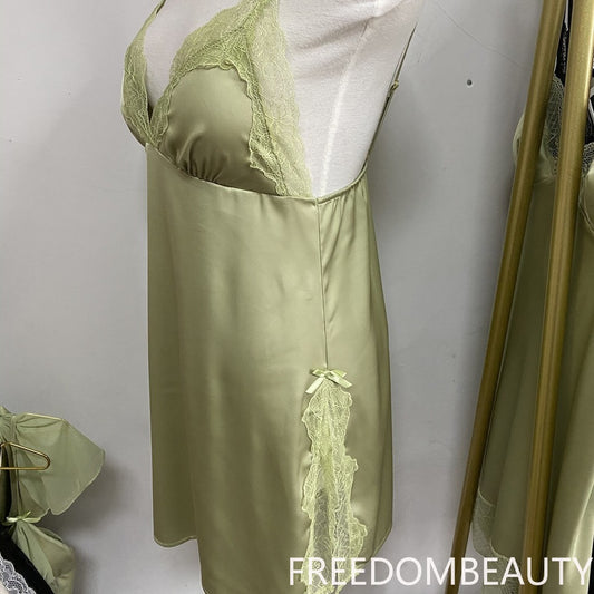 FREEDOMBEAUTY | 7077 Sexy pajamas women's summer ice silk new nude lace premium light luxury with chest pad suspender nightdress