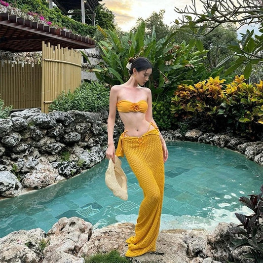 freedombeauty|New Thai Swimsuit Yellow Cover-Up Vacation Long Dress Swimsuit Bikini Photo Shoot Stunning High-End Sense Hot Spring Swimsuit