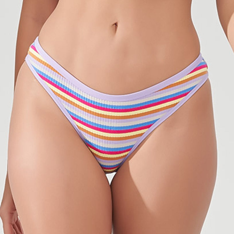 Freedombeauty | European and American New Color Striped Sports Fitness T-Back Rainbow Thread Cotton Ladies Low Waist Sexy Panties