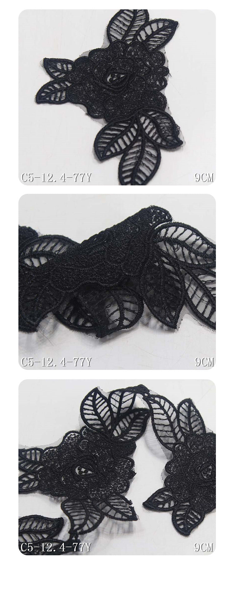Freedombeauty | Black Flower Leaves with Edge Pattern Narrow Embroidery Lace Accessories Curtain Handmade Lace