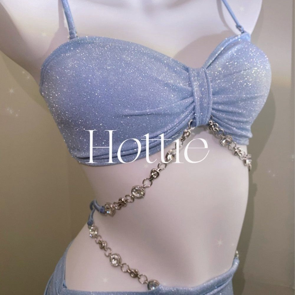 freedombeauty|Baby Blue Diamond Chain Bikini Three-Piece Set for Girls Vacation Hip-Hugging Two-Piece Swimsuit Ins Style Hot Spring