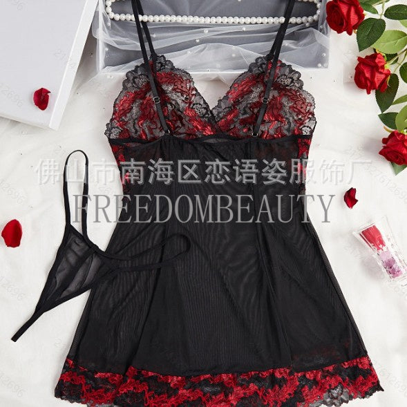 Freedombeauty | Slimming Sweet Cool Sexy Sleepwear Embroidery Lace Mesh Patchwork Sexy V-neck Slip Nightdress