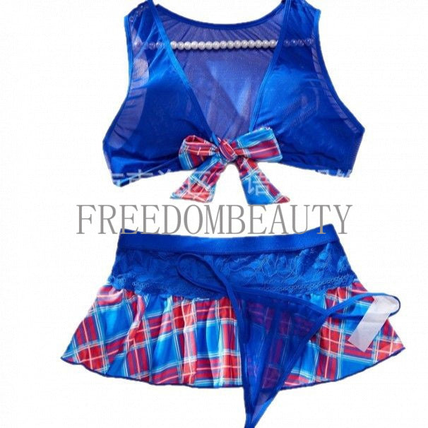 Freedombeauty | Sexy Uniform Plaid Backless Role Play Charm Seduction Sexy Three-Piece Uniform