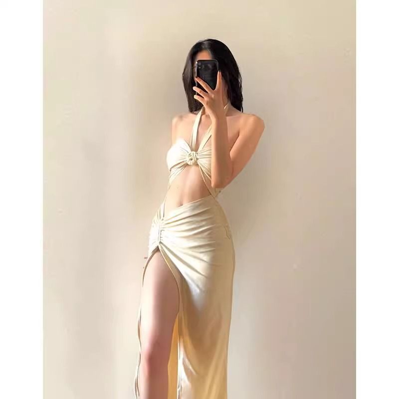 freedombeauty|French Style Pure Desire Halter Neck Strap Bikini Swimsuit for Women One-piece Sexy Temperament Slit Vacation Long Dress