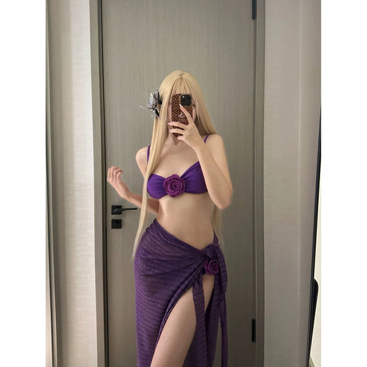 freedombeauty|Purple Elegant Pure Desire Sexy Floral Bikini Cover-Up Tie Skirt Long Skirt Cover-Up Skin Whitening Two-Piece Swimsuit