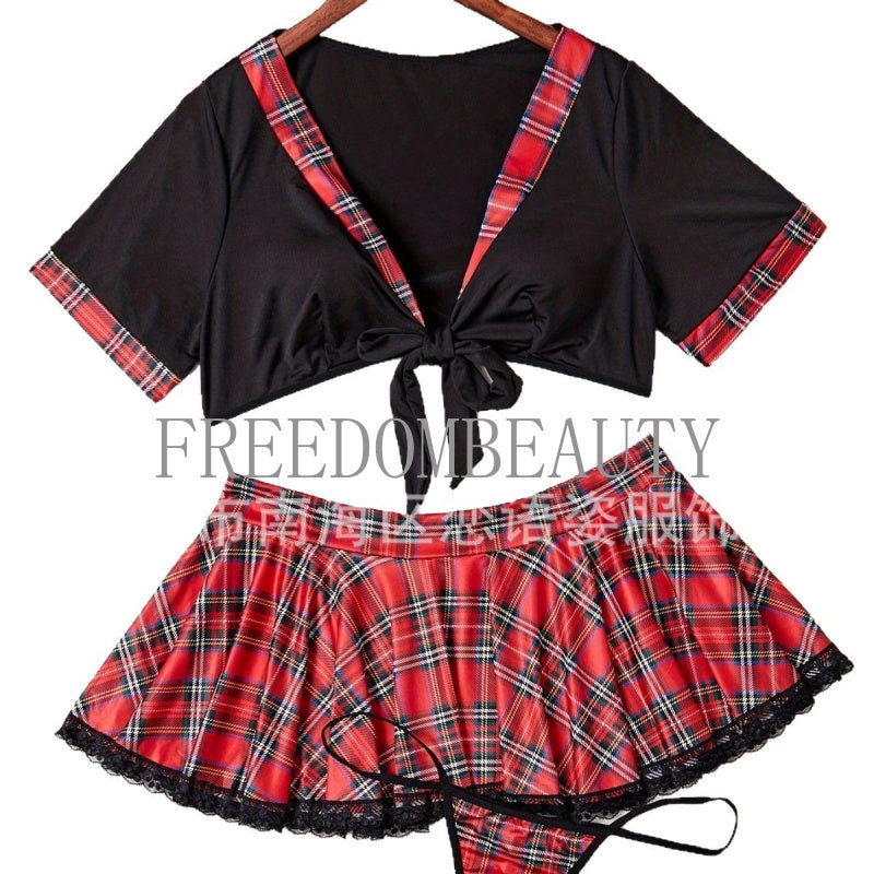 Freedombeauty | Fashion Plaid New Sweet Pure Desire Wind Charm Short Sleeve Sexy Underwear Sexy Sleepwear