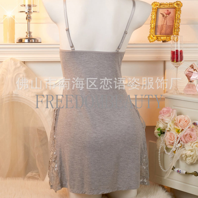 Freedombeauty | Sexy Charm Lace Stitching Elastic Modal Fashionable with Side-Slit Sexy Sleepwear Sling for Women