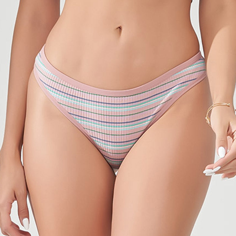 Freedombeauty | European and American New Color Striped Sports Fitness T-Back Rainbow Thread Cotton Ladies Low Waist Sexy Panties