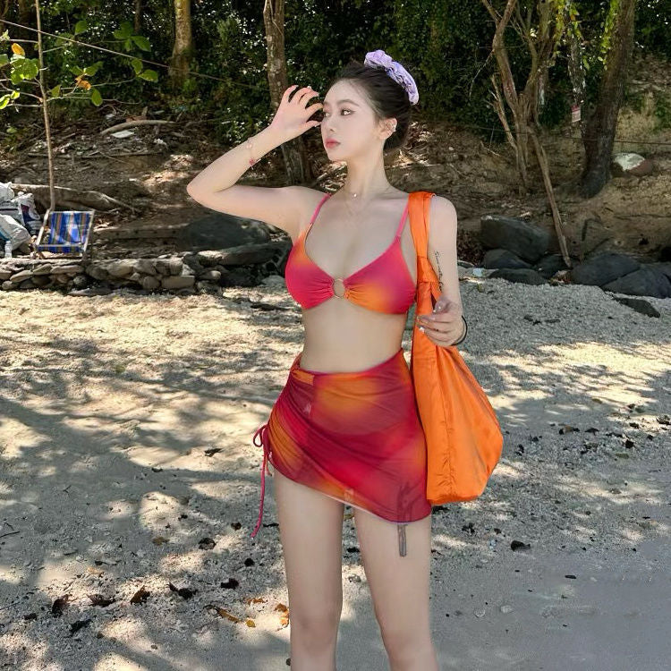 freedombeauty|Beach Hot Girl Dopamine Swimsuit for Women Korean Style Sexy Backless with Chest Pad Two-Piece Ruched Skirt Bikini for Women