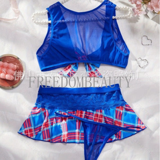 Freedombeauty | Sexy Uniform Plaid Backless Role Play Charm Seduction Sexy Three-Piece Uniform