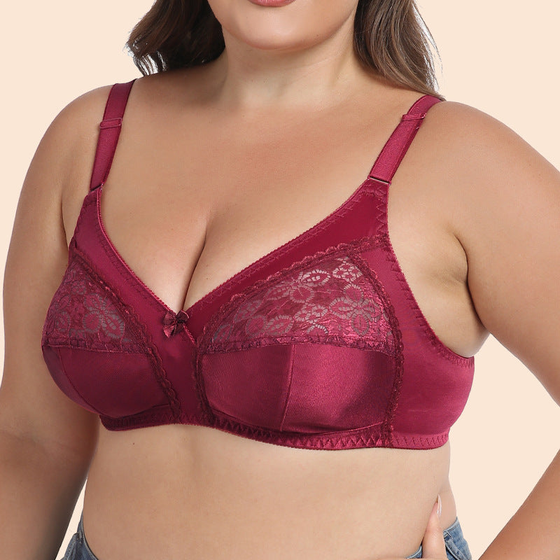Freedombeauty | Wine Red C Cup Ultra-Thin Full Cup without Steel Ring Lace Stitching Translucent plus Size Bra European and American Style Underwear