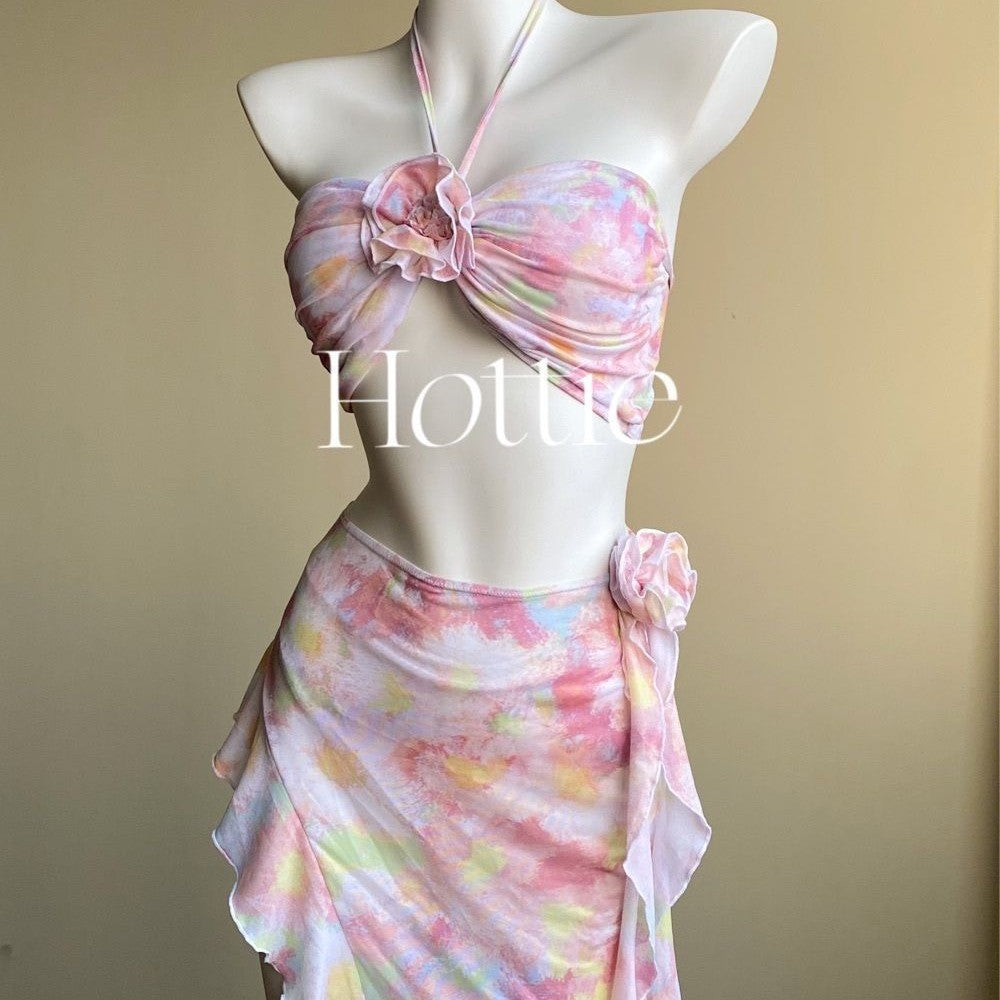 freedombeauty|New Pink Bikini Floral Two-Piece Skirt Swimsuit for Women Three-Piece Set Vacation Beach Small Chest Ins Pure Desire
