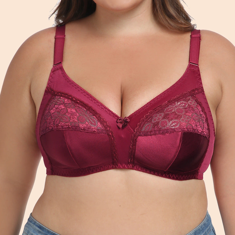 Freedombeauty | Wine Red C Cup Ultra-Thin Full Cup without Steel Ring Lace Stitching Translucent plus Size Bra European and American Style Underwear