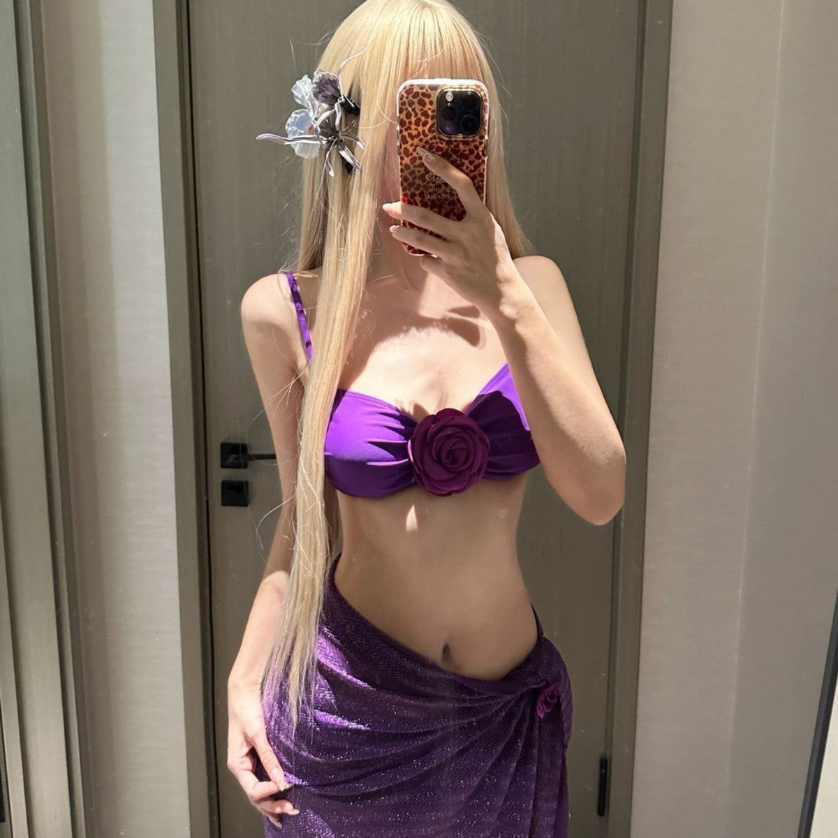 freedombeauty|Purple Elegant Pure Desire Sexy Floral Bikini Cover-Up Tie Skirt Long Skirt Cover-Up Skin Whitening Two-Piece Swimsuit