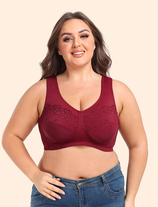 Freedombeauty | Wireless Ultra-Thin 3 Times Wide Shoulder Strap Floral Embroidered plus Size Bra Fat Girl Big Chest Breast Contracting Bra Underwear