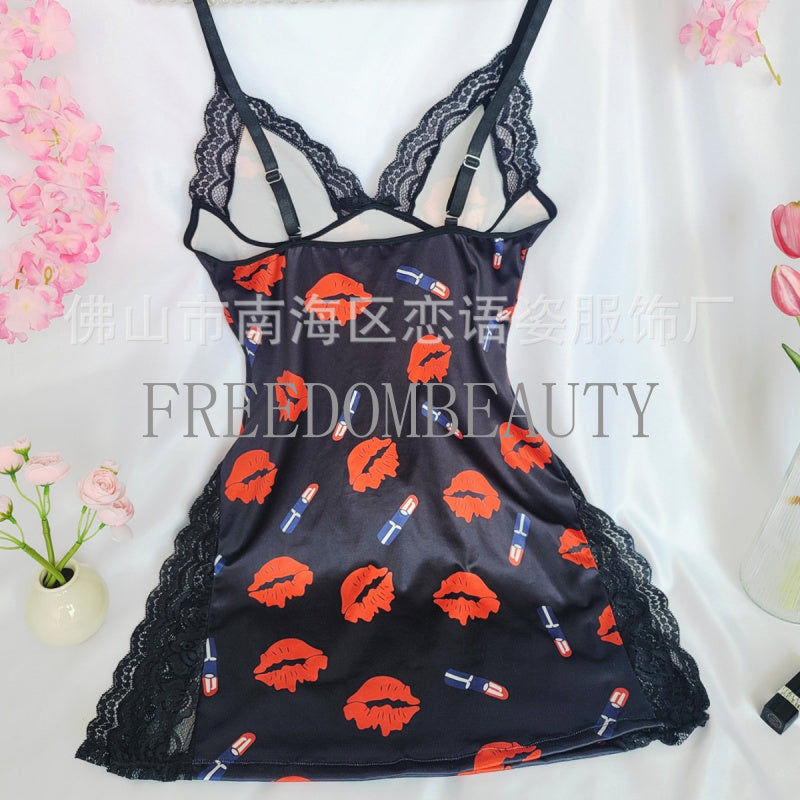 Freedombeauty | Exclusive for Playful Red Lips Printed Slip Nightdress Fashion Pure Desire Style Split Sling Pajamas