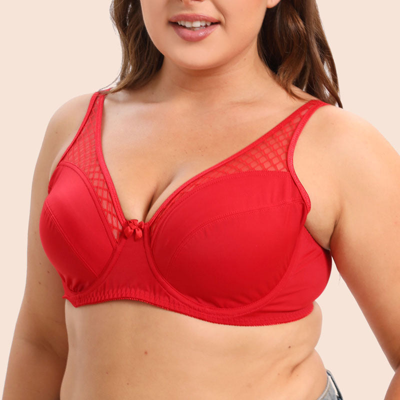Freedombeauty | Translucent Mesh Stitching Ultra-Thin plus Size Bra Full Cup with Steel Ring Red Birth Year European and American Plump Girls Underwear