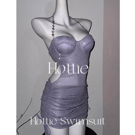 freedombeauty|Shiny Rhinestone High-End One-Piece Swimsuit Two-Piece Set with Hip-Hugging Skirt and Underwire Push-Up Sexy Backless Swimsuit 4167