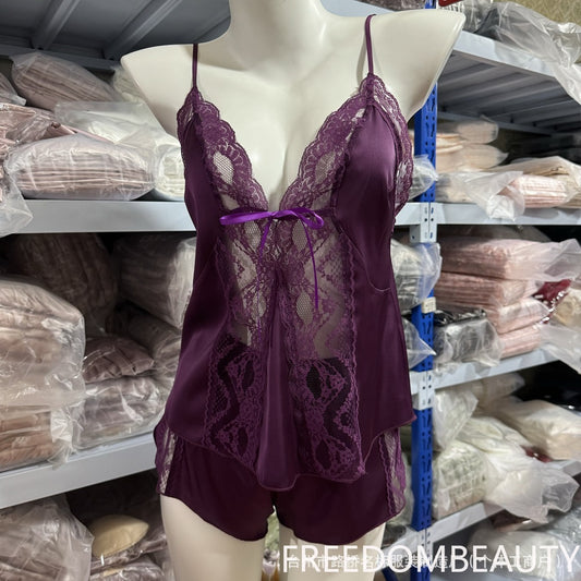 FREEDOMBEAUTY | 7107 new pure desire sexy pajamas Internet celebrity women ice silk suspender backless lace sexy nightdress private temptation