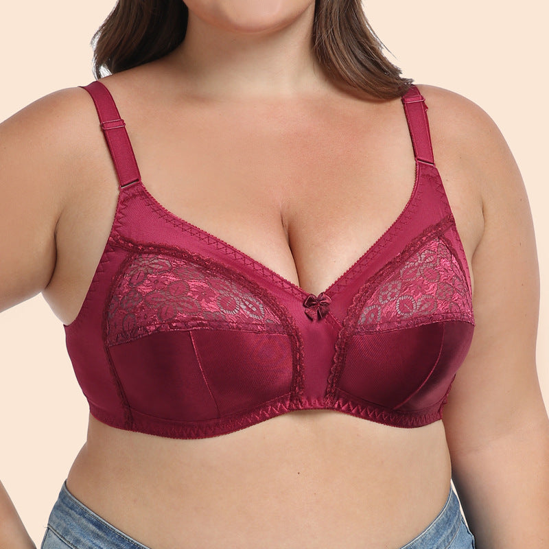 Freedombeauty | Wine Red C Cup Ultra-Thin Full Cup without Steel Ring Lace Stitching Translucent plus Size Bra European and American Style Underwear