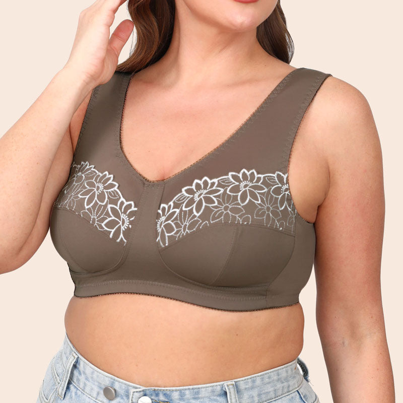 Freedombeauty | Wireless Ultra-Thin 3 Times Wide Shoulder Strap Floral Embroidered plus Size Bra Fat Girl Big Chest Breast Contracting Bra Underwear