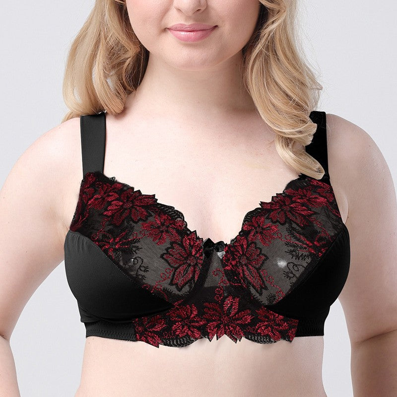 Freedombeauty | Wide Shoulder Strap Translucent Lace Embroidery High-End European and American Ultra-Thin Breathable Big Chest Slimming Underwear for Plump Girls