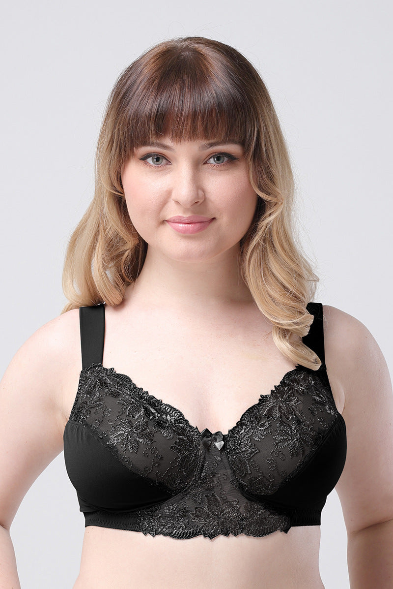 Freedombeauty | Wide Shoulder Strap Translucent Lace Embroidery High-End European and American Ultra-Thin Breathable Big Chest Slimming Underwear for Plump Girls