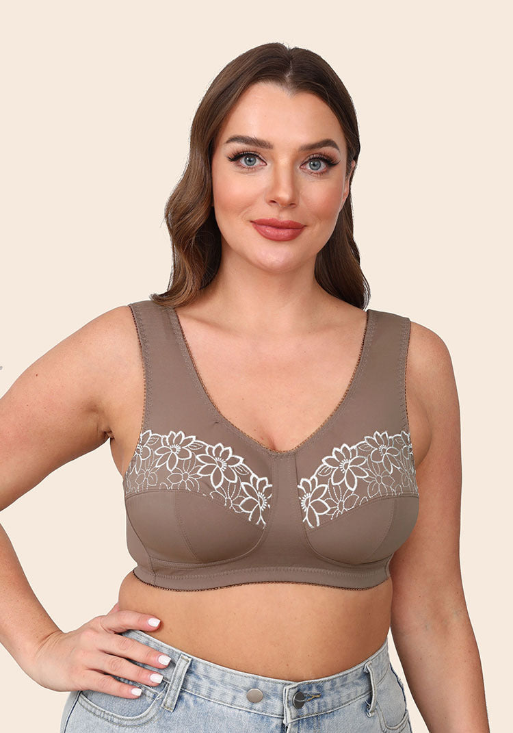 Freedombeauty | Wireless Ultra-Thin 3 Times Wide Shoulder Strap Floral Embroidered plus Size Bra Fat Girl Big Chest Breast Contracting Bra Underwear