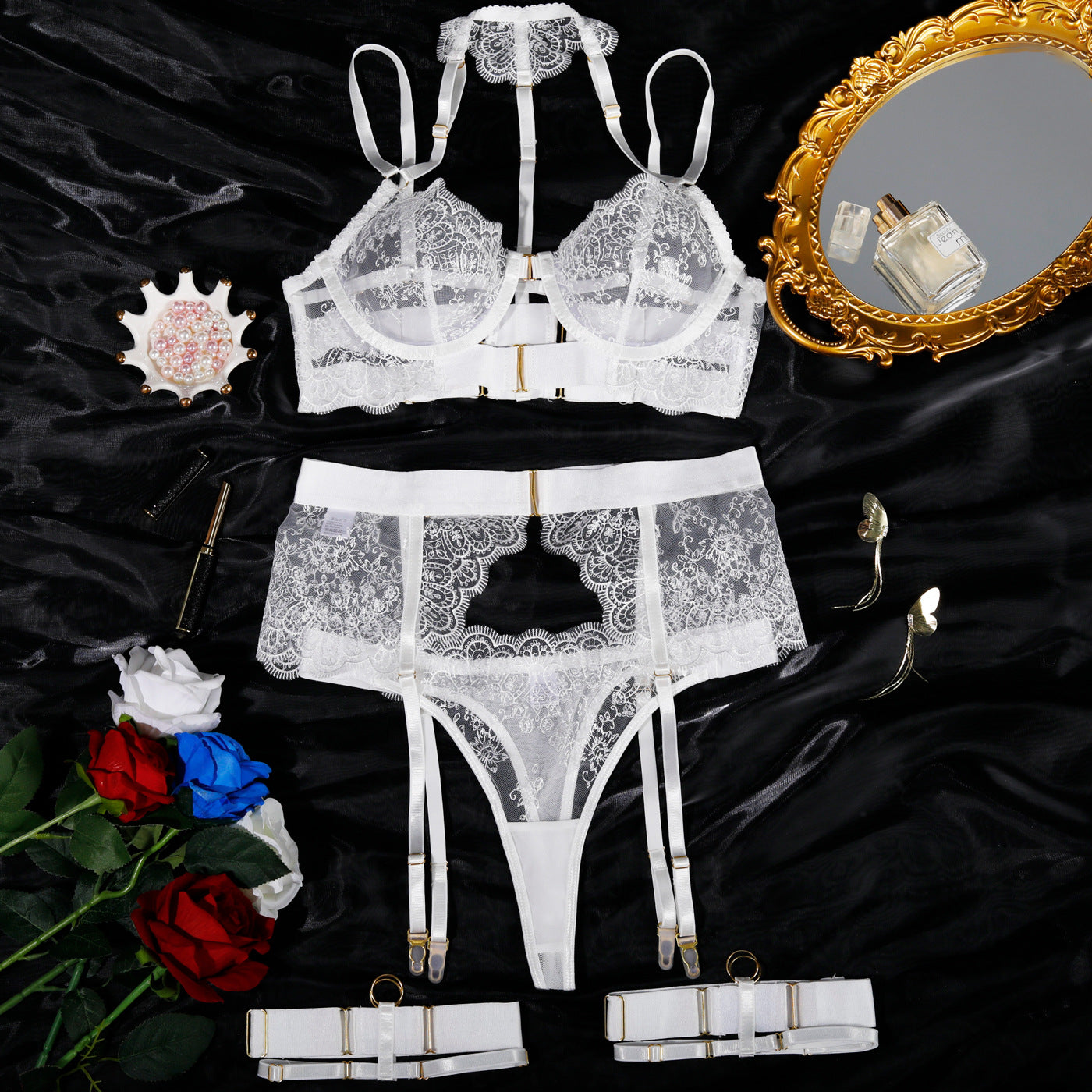 FREEDOMBEAUTY | Embroidery high quality heavy industry sex underwear embroidery eyelash lace perspective sexy three-piece set