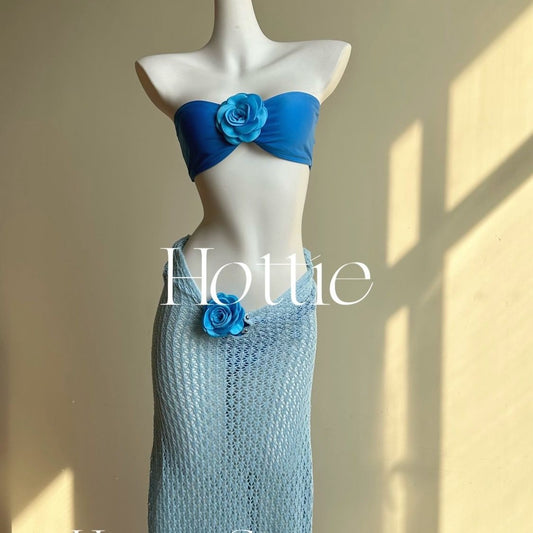 freedombeauty|Thai Atmosphere Blue Knitted Cover-Up Floral Bikini Three-Piece Set Island Vacation Hot Spring Swimwear for Women Summer