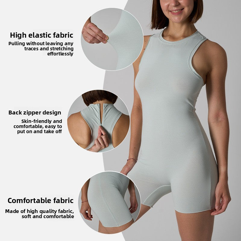 FREEDOMBEAUTY | COTTON RIB BODYSUIT cotton ammonia breathable onesie crew neck back zipper sports yoga shorts women