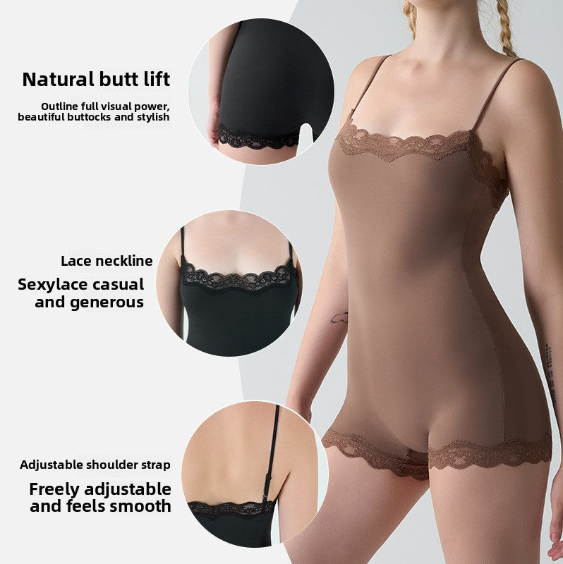 Freedombeauty | Summer Spice Girl Style Lace Edge Adjustable onesie tights inside vest double shapewear women's suspenders