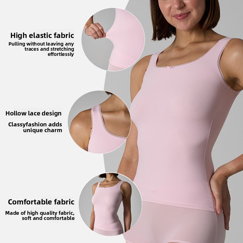 FREEDOMBEAUTY | Scoop Neck tank lace bow chest padded vest base nude breathable slim top women's summer