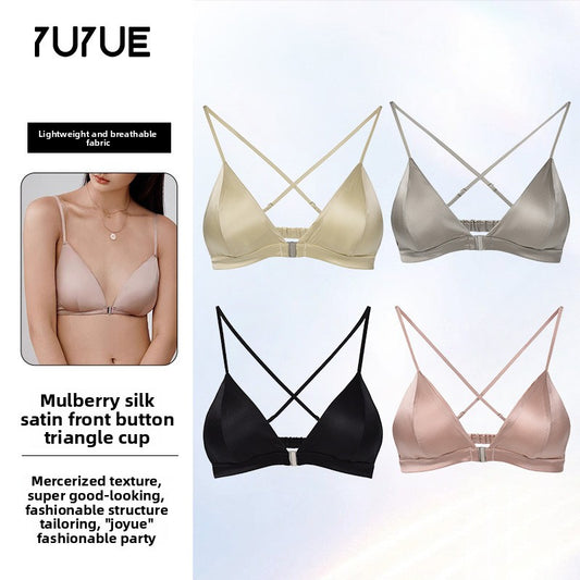 FREEDOMBEAUTY | mulberry silk new gold three-tower silk French underwear women's front buckle mulberry silk sexy deep V steel-rimless French bra