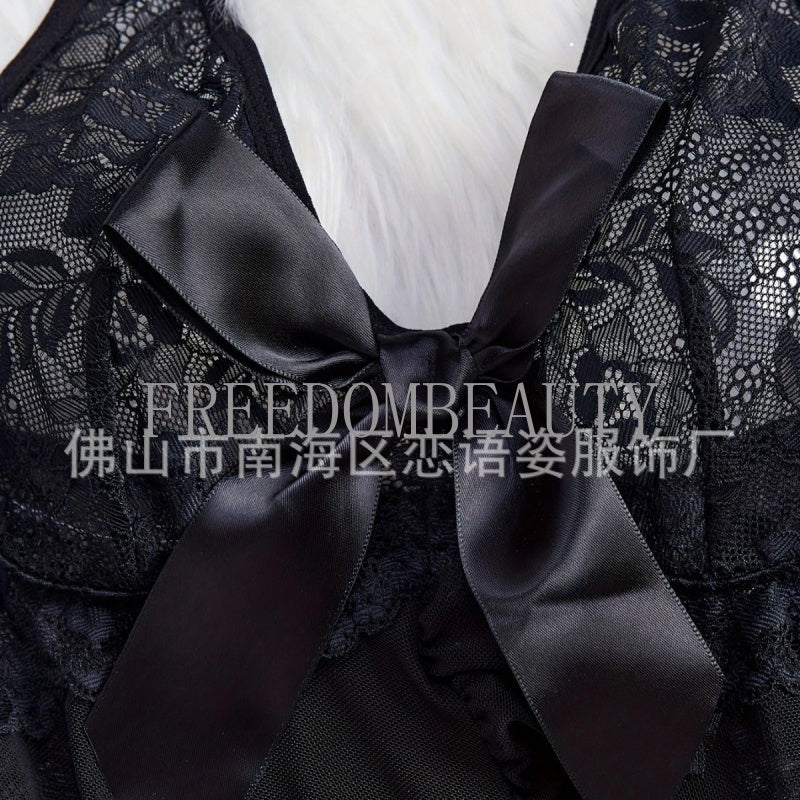 Freedombeauty | Sexy Seduction Sexy Sleepwear Suit Lace Bow Mesh See-through Halter Nightdress Source Factory Hair