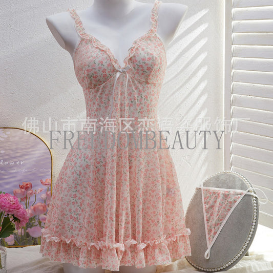 Freedombeauty | New Sexy Lingerie Fashion Sexy Pure Desire Sweet Gathered Floral Slip Nightdress Comfortable Homewear