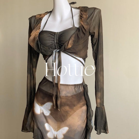 freedombeauty|[Desert Butterfly] Wasteland Style Cool Temperament Bikini Two-Piece Swimsuit Four-Piece Set Vacation Long Dress with Cover-Up