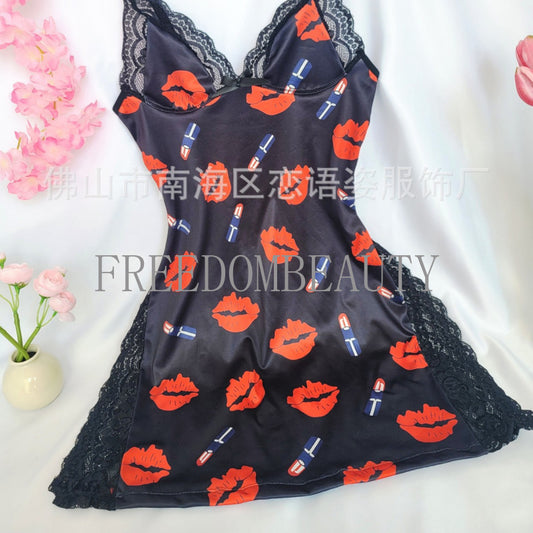 Freedombeauty | Exclusive for Playful Red Lips Printed Slip Nightdress Fashion Pure Desire Style Split Sling Pajamas