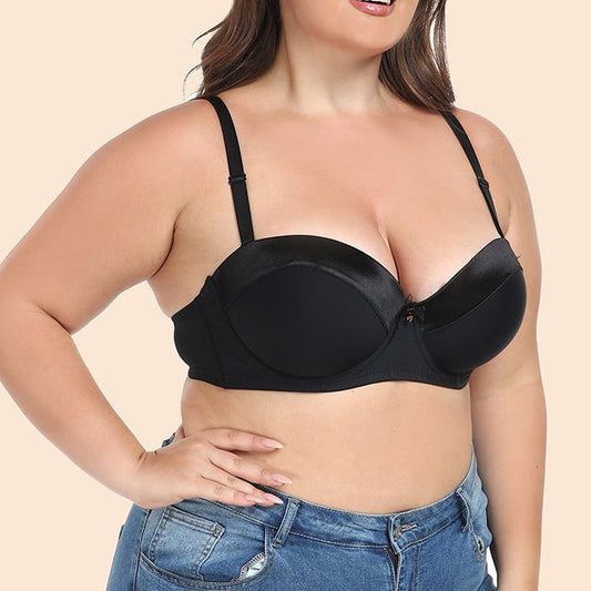 Freedombeauty | Black Shoulder Strap Detachable 1/2 Cup Satin Stitching Multi-Wear Dress Wedding plus Size Bra Women's Underwear
