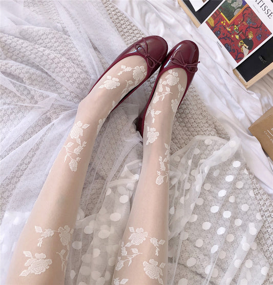 FREEDOMBEAUTY | French Elegant Vintage Rose Rose Embroidery White Stockings Ultra-thin Summer Sweet Court Pantyhose Women