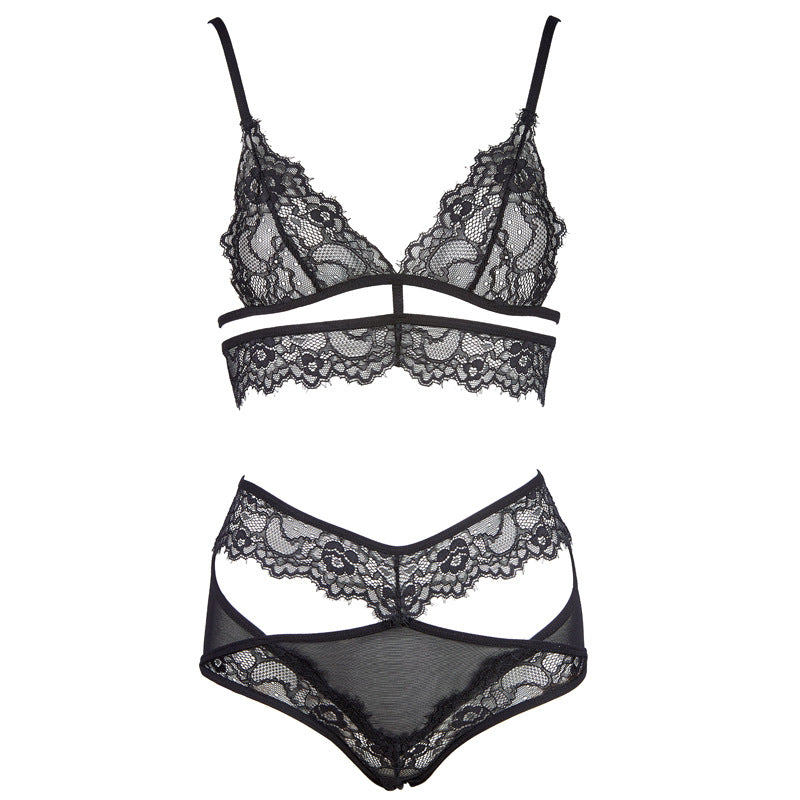 FREEDOMBEAUTY | Special FQ2609 ultra-thin triangle cup eyelash lace hollow mid-waist mesh see-through underwear set, temptation black