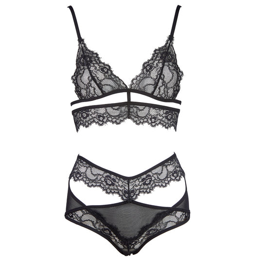 FREEDOMBEAUTY | Special FQ2609 ultra-thin triangle cup eyelash lace hollow mid-waist mesh see-through underwear set, temptation black