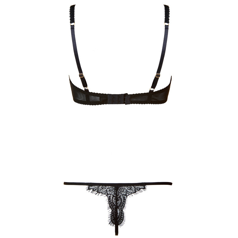 Freedombeauty | FQ2588 Black Eyelash Lace Mesh Splicing Thin Cup Steel Rim Bra T Pants Low Waist Sexy Bust Set AP