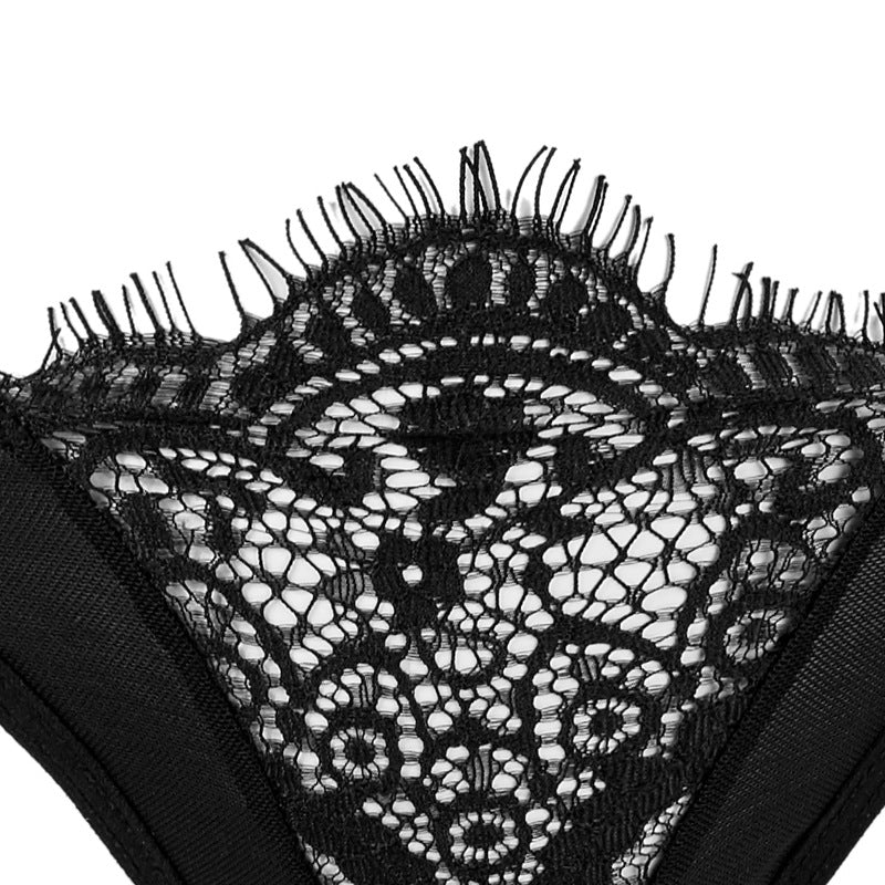 Freedombeauty | FQ2588 Black Eyelash Lace Mesh Splicing Thin Cup Steel Rim Bra T Pants Low Waist Sexy Bust Set AP