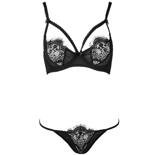 Freedombeauty | FQ2588 Black Eyelash Lace Mesh Splicing Thin Cup Steel Rim Bra T Pants Low Waist Sexy Bust Set AP