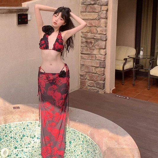 freedombeauty|2024 New Vintage Rose High-End Three-Piece Bikini Skirt Swimsuit Sexy Small Chest Beach Summer