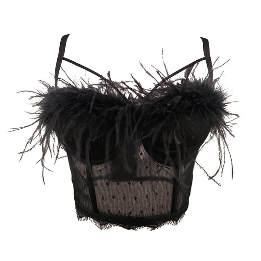 FREEDOMBEAUTY | Solid color mesh lace feather suspender vest 19 temperament vest tube top women can wear sexy lace