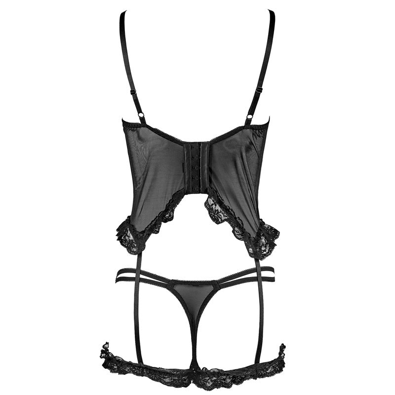 FREEDOMBEAUTY | FQ2673 Black milk with steel rim lace mesh see-through corset, socks ring open-file underwear set